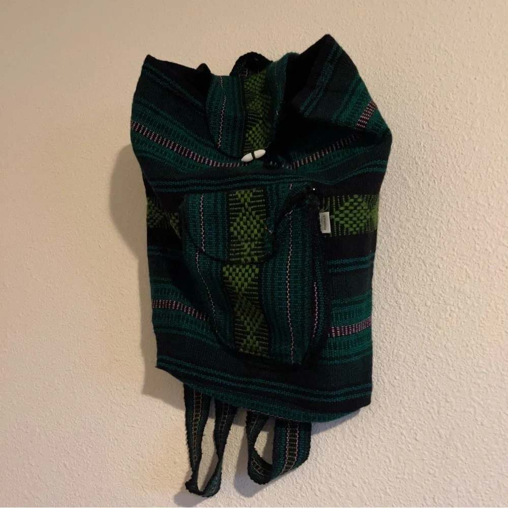 Hispanic / Latin American Green Plaid Print Knit Canvas Backpack
